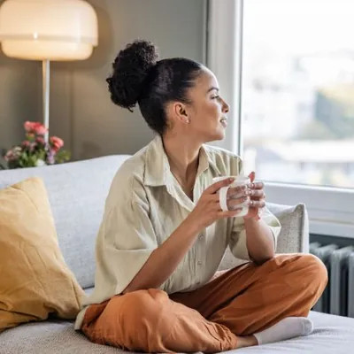Mulher relaxando no sofá com uma xícara de chá