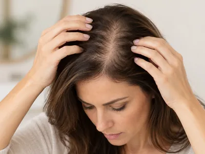 Mulher com as mãos no cabelo, afastando os fios para observar a raiz e o couro cabeludo